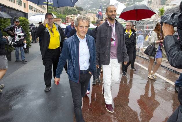 Monaco, Monte Carlo - May 29, 2016: FIA Formula One World Championship WM Weltmeisterschaft with Alain Prost and Basketballer Tony Parker Monaco F1 Grand Prix