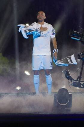 Pepe during the celebration of the Champions League at Santiago Bernabeu Stadium. May 29,2016.  (75789)