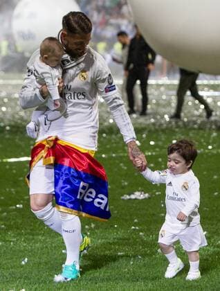 Sergio Ramos and his family during the celebration of the Champions League at Santiago Bernabeu Stadium. May 29,2016.  (76231)