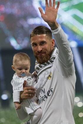 Sergio Ramos and his son during the celebration of the Champions League at Santiago Bernabeu Stadium. May 29,2016.  (76242)