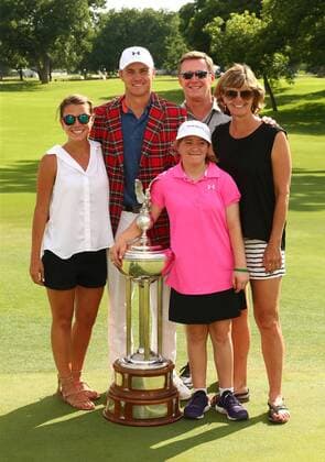 May 29, 2016 - Fort Worth, TX, USA - Jordan Spieth poses with this girlfriend Annie Verret and father Shawn, mother Mary Christine and his sister Ellie with the Leonard Trophy after winning the Dean & Deluca Invitational on Sunday, May 29, 2016, at the Colonial Country Club in Fort Worth, Texas. Dean & Deluca Invitational - ZUMAm67_