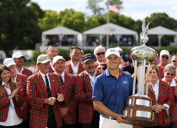 May 29, 2016 - Fort Worth, TX, USA - Jordan Spieth holds the Leonard Trophy following the final round of the Dean & DeLuca Invitational on Sunday, May 29, 2016, at the Colonial Country Club in Fort Worth, Texas. Dean and Deluca Invitational - ZUMAm67_