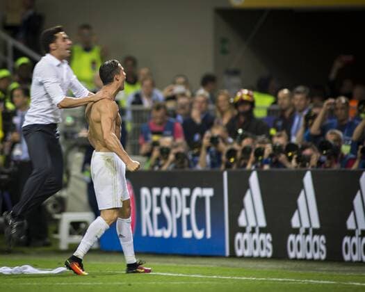 Cristiano Ronaldo (Real) dreht jubelnd ab und zeigt seine Muskeln. 28.05.2016, Mailand, Real MADRID VS. ATLETICO MADRID Â