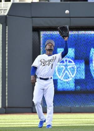 May 30, 2016 - Kansas City, MO, USA - Kansas City Royals left fielder Jarrod Dyson catches a fly ball out on Tampa Bay Rays Brandon Guyer during the first inning on Monday, May 30, 2016, at Kauffman Stadium in Kansas City, Mo. Tampa Bay Rays at Kansas City Royals - ZUMAm67_