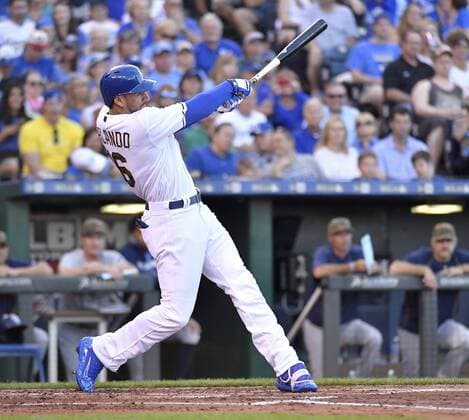 May 30, 2016 - Kansas City, MO, USA - Kansas City Royals Paulo Orlando follows through on a double during the second inning on Monday, May 30, 2016, at Kauffman Stadium in Kansas City, Mo. Tampa Bay Rays at Kansas City Royals - ZUMAm67_