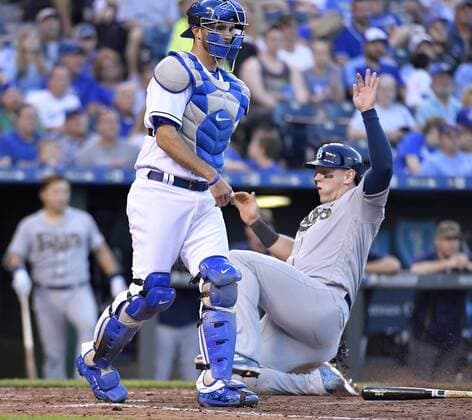 May 30, 2016 - Kansas City, MO, USA - Tampa Bay Rays Logan Morrison scores behind Kansas City Royals catcher Drew Butera on a groundout by Corey Dickerson during the fourth inning on Monday, May 30, 2016, at Kauffman Stadium in Kansas City, Mo. Tampa Bay Rays at Kansas City Royals - ZUMAm67_