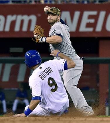 May 30, 2016 - Kansas City, MO, USA - Tampa Bay Rays first baseman Steve Pearce forces out Kansas City Royals Drew Butera at second and completes the double play on Alcides Escobar to end the fifth inning on Monday, May 30, 2016, at Kauffman Stadium in Kansas City, Mo. Tampa Bay Rays at Kansas City Royals - ZUMAm67_