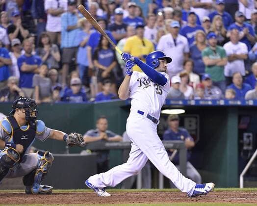 May 30, 2016 - Kansas City, MO, USA - Kansas City Royals Eric Hosmer connects on a three-run home run during the eighth inning on Monday, May 30, 2016, at Kauffman Stadium in Kansas City, Mo. Tampa Bay Rays at Kansas City Royals - ZUMAm67_