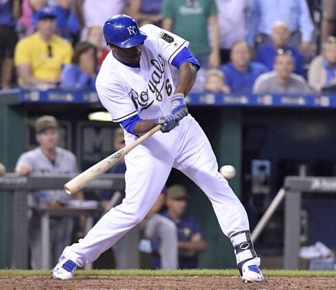 May 30, 2016 - Kansas City, MO, USA - Kansas City Royals Lorenzo Cain connects on an RBI single to score Alcides Escobar during the eighth inning on Monday, May 30, 2016, at Kauffman Stadium in Kansas City, Mo. Tampa Bay Rays at Kansas City Royals - ZUMAm67_