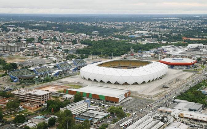 Amazonia Arena in Manaus, Brazil Photo taken May 5, 2016, shows the Amazonia Arena, where group stage matches of the Rio 2016 Olympic soccer tournaments will be held in August, in Manaus in northern Brazil. 