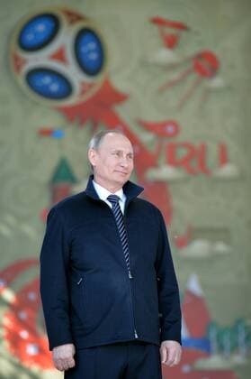 MOSCOW, RUSSIA - JUNE 1, 2016: Russia s president Vladimir Putin at a ceremony in Green Theatre in VDNKh marking the start of the 2018 FIFA World Cup WM Weltmeisterschaft Fussball Volunteer Programme. Alexei Druzhinin Russian Presidential Press and Information Office TASS  71382753