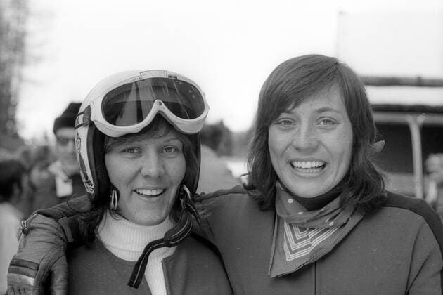 Weltcup 1971 1972, Damen Abfahrt in Bad Gastein, die Schwestern Evi (li.) und Rosi Mittermaier (beide BR Deutschland)
