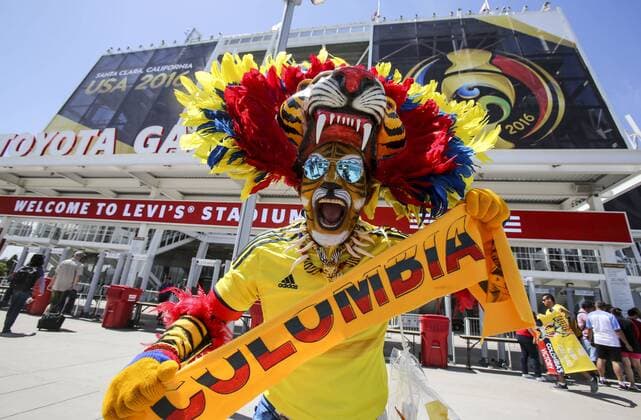 June 3, 2016 - Los Angeles, California, U.S - A Colombia fan poses in front of the Levi s Stadium before a Copa America soccer match between the United States and Colombia in Santa Clara, California, June 3, 2016. Copa America 2016 Opening Game: United States vs Colombia - ZUMAc68_