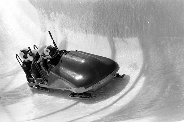 Olympische Spiele 1972 in Sapporo: Viererbob BR Deutschland II mit Horst Floth, Donat Ertel, Walter Gillik, Pepi Bader