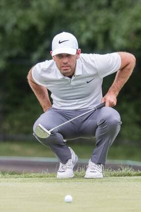 June 4, 2016 - Dublin, Ohio, U.S - Charl Schwartzel lines up his putt on the eighth green during the third round of The Memorial Tournament at Muirfield Village Golf Club, Dublin, Ohio. Golf 2016 - The Memorial Tournament - Third Round - ZUMAs304