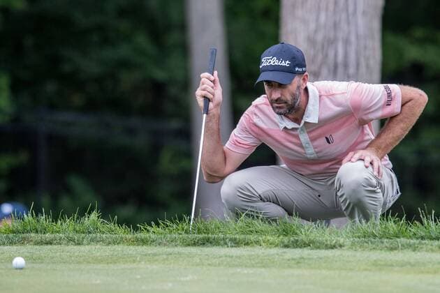 June 4, 2016 - Dublin, Ohio, U.S - Geoff Ogilvy lines up his putt on the eighth green during the third round of The Memorial Tournament at Muirfield Village Golf Club, Dublin, Ohio. Golf 2016 - The Memorial Tournament - Third Round - ZUMAs304