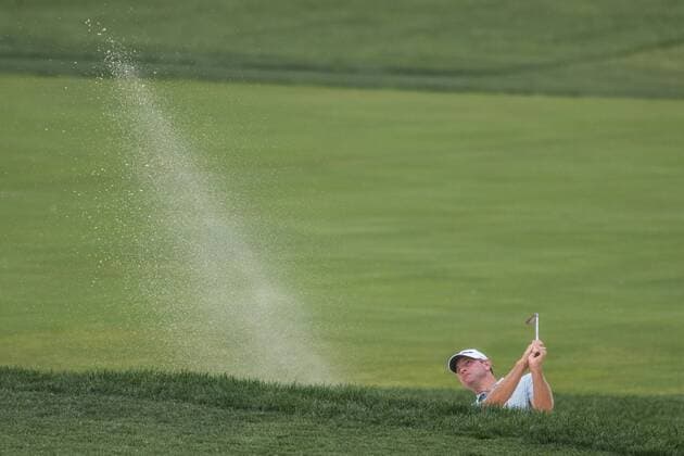 June 4, 2016 - Dublin, Ohio, U.S - Lucas Glover hits out of the sand on the 17th hole during the third round of The Memorial Tournament at Muirfield Village Golf Club, Dublin, Ohio. Golf 2016 - The Memorial Tournament - Third Round - ZUMAs304