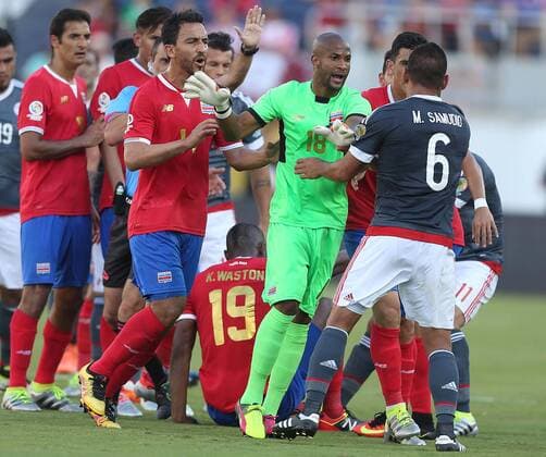 June 4, 2016 - Orlando, FL, USA - Costa Rica s Patrick Pemberton (18) and Paraguay s Miguel Samudio (6) are in the middle of a scuffle involving several players from both teams during the start of pool play in the Copa America at Camping World Stadium in Orlando, Fla., on Saturday, June 4, 2016. The teams tied, 0-0. Copa America: Costa Rica vs. Paraguay - ZUMAm67_