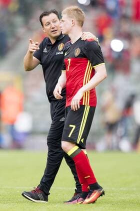 Belgium s head coach Marc Wilmots and Belgium s Kevin De Bruyne celebrate after winning a friendly soccer game between Belgian national soccer team Red Devils and the Norvegian national soccer team, on Sunday 05 June 2016, in Brussels. The team is preparing for the upcoming Euro 2016 UEFA European Championship EM Europameisterschaft Nationalteam. JASPERxJACOBS  x04866123x