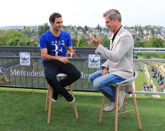 05.06.2016, Mercedes Cup Stuttgart, ATP Tennis Herren Tour, Tennis im Bild: Roger Federer im Interview mit Michael Antwerpes