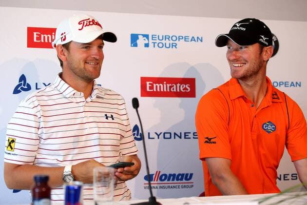 GOLF - PGA Golf Herren Lyoness Open, preview ATZENBRUGG,AUSTRIA,07.JUN.16 - GOLF - PGA European Tour, Lyoness Open, Diamond Country Club, preview, press conference PK Pressekonferenz Image shows Bernd Wiesberger (AUT) and Chris Wood (GBR). GEPAxpictures xDanielxGoetzhaber