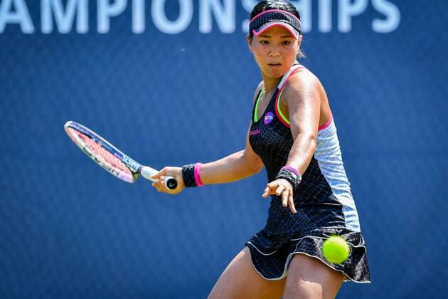 Japanese Risa Ozaki pictured in action during a tennis game between Belgian Kirsten Flipkens WTA Tennis Damen 61) and Japanese Risa Ozaki (WTA 124) in the first round of the women s singles at the Ricoh Open WTA tennis tournament in Rosmalen, the Netherlands, Tuesday 07 June 2016. LUCxCLAESSEN  x04866982x