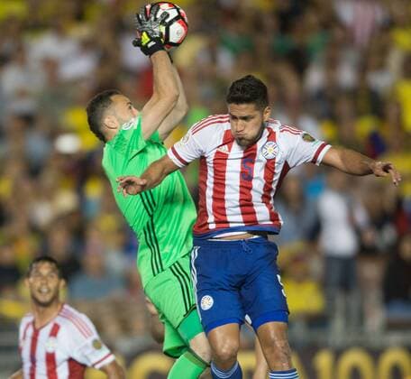 PASADENA, June 7, 2016 -- Colombia s goalkeeper David Ospina (L) saves a goal from Paraguay s Bruno Valdez during their Copa America Centenario Group A match at Rose Bowl Stadium in Pasadena, California, the United States, June 7, 2016. ) (SP)U.S.-PASADENA-COPA AMERICA-GROUP A-COL VS PAR YangxLei 