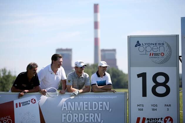 GOLF - PGA Golf Herren Lyoness Open 2016 ATZENBRUGG,AUSTRIA,08.JUN.16 - GOLF - PGA European Tour, Lyoness Open, ProAm, Diamond Country Club. Image shows Rudolf Erhartmaier, Michael Stix, Bernd Wiesberger (AUT) and Thomas Weich. GEPAxpictures xDanielxGoetzhaber