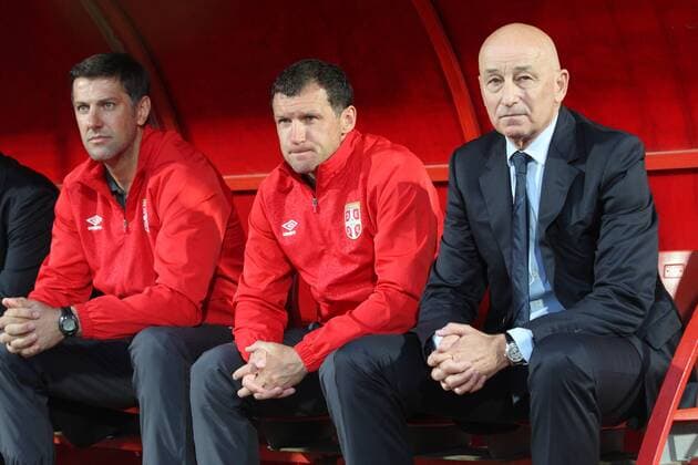 MLADEN KRSTAJIC, SERGEI GURENKO pomocni Coachi , SLAVOLJUB MUSLIN selektor i Coach fudbalera reprezentacije Srbije Serbien - Israel Nationalteam, Länderspiel in Novi Sad MarkoxMetlas 