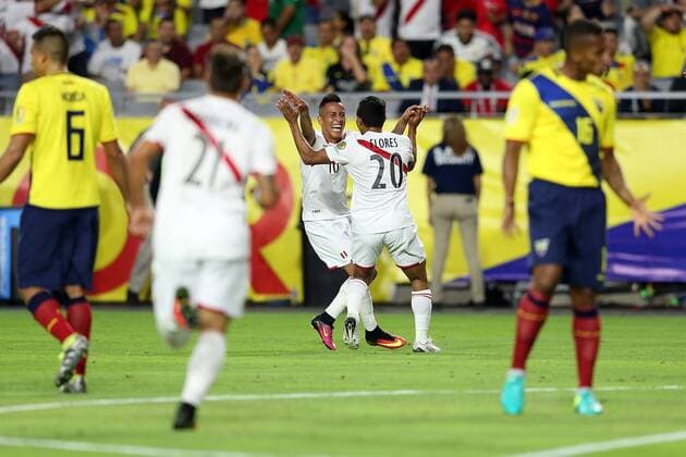 Copa America, Ecuador - Peru 08 June 2016: Peru forward Edison Flores 20 celebrates his first half goal with midfielder Christian Cueva 10 (back) during the Copa America Centanario game against Ecuador at University of Phoenix Stadium in Glendale, Az. SOCCER: JUN 08 Copa America Centenario - Ecuador v Peru Icon3171606080429 EDITORIAL USE ONLY