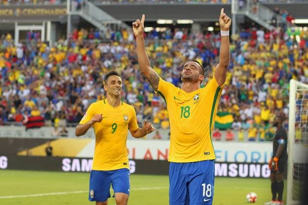 08 JUN 2016: Renato Augusto (18) of Brazil celebrates his goal with team mate Jonas (9) during the Copa America Centenario match between Brazil and Haiti at the Camping World Stadium in Orlando, Florida. (Cliff Welch Icon Sportswire) SOCCER: JUN 08 Copa America Centenario - Brazil v Haiti Icon357160608012 EDITORIAL USE ONLY