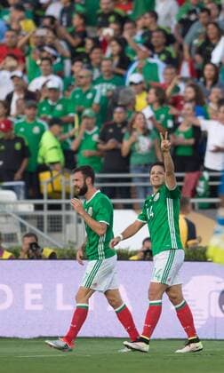 Mexico s Javier Chicharito Hernandez (R) celebrates after scoring during the Copa America Centenario tournament Group C football match between Mexico and Jamaica in Pasadena, California, the United States, on June 9, 2016. ) (SP)U.S.-PASADENA-COPA AMERICA-GROUP C-MEX VS JAM YangxLei 