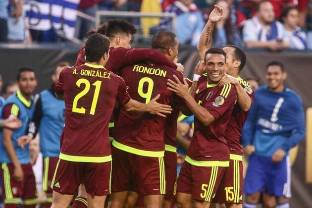 June 9, 2016 - Philadelphia, PA, United States of America - Venezuela Attacker SALOMON RONDON (9), center, celebrates his goal with his teammates in the first half of a Copa America Centenario Group C match between Uruguay and Venezuela Thursday, June. 09, 2016 at Lincoln Financial Field in Philadelphia, PA. COPA AMERICA CENTENARIO 2016 - Jun 09 - Venezuela defeats Uruguay 1-0 - ZUMAs124