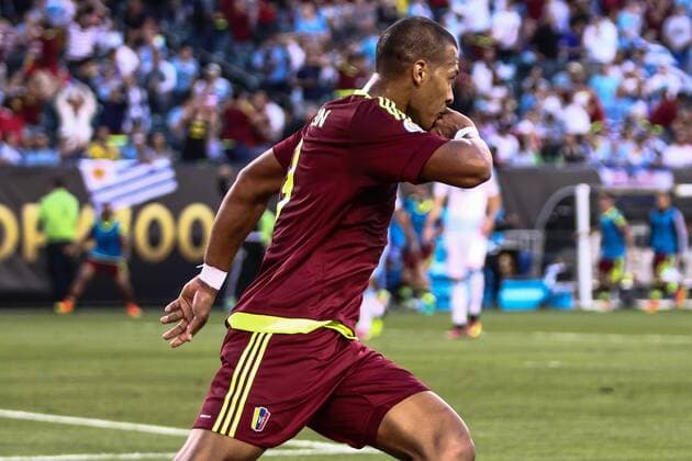 June 9, 2016 - Philadelphia, PA, United States of America - Venezuela Attacker SALOMON RONDON (9), center, celebrates his goal in the first half of a Copa America Centenario Group C match between Uruguay and Venezuela Thursday, June. 09, 2016 at Lincoln Financial Field in Philadelphia, PA. COPA AMERICA CENTENARIO 2016 - Jun 09 - Venezuela defeats Uruguay 1-0 - ZUMAs124