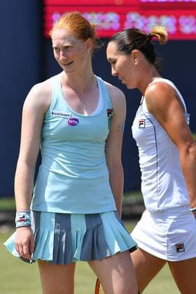 Belgian Alison Van Uytvanck and Serbian Jelena Jankovic pictured during a tennis game between Belgian Alison Van Uytvanck and Jelena Jankovic versus Swiss Xenia Knoll and Serbian Aleksandra Krunic during the semi finals of the women s doubles tournament at Ricoh Open WTA Tennis Damen tennis tournament in Rosmalen, the Netherlands, Friday 10 June 2016. LUCxCLAESSEN  x04868875x
