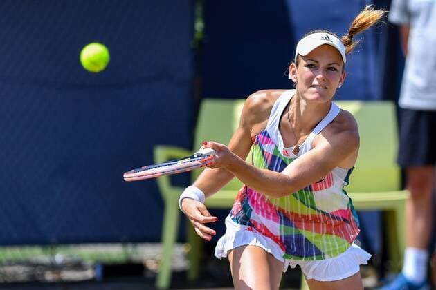 Swiss Xenia Knoll pictured in action during a tennis game between Belgian Alison Van Uytvanck and Jelena Jankovic versus Swiss Xenia Knoll and Serbian Aleksandra Krunic during the semi finals of the women s doubles tournament at Ricoh Open WTA Tennis Damen tennis tournament in Rosmalen, the Netherlands, Friday 10 June 2016. LUCxCLAESSEN  x04868897x