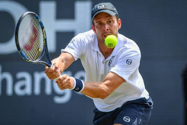 Luxembourg s Gilles Muller pictured in action during a tennis game between Spanish David Ferrer and Luxembourgian Gilles Muller in the quarter finals of the men s singles at the Ricoh Open WTA Tennis Damen tennis tournament in Rosmalen, the Netherlands, Friday 10 June 2016. LUCxCLAESSEN  x04868907x