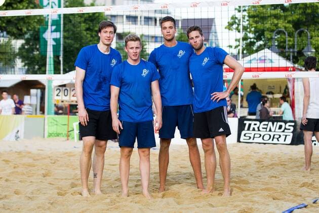 Jochen Schoeps (Asseco Resovia Rzeszow), Johannes Elsaesser (TV Rottenburg), Jannis Hopt (United Volleys RheinMain) und Simon Tischer (VfB Friedrichshafen); LBS Cup Beachvolleyball Friedrichshafen, Promenade, Friedrichshafen Germany, 20160610; Friedrichshafen Copyright: Wuechnerx xEibner-Pressefoto EP_nwr