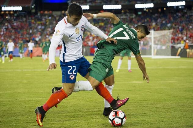 June 10, 2016 - Foxborough, Massachusetts, U.S - Chile midfielder EDSON PUCH (22) & Bolivia defender MARVIN BEJARANO (17) fight for the ball during the Copa America Centenario football tournament at Gillette Stadium in Foxborough, MA. Soccer 2016 - Copa America Centenario Uruguay vs. Venezuela - ZUMAs192