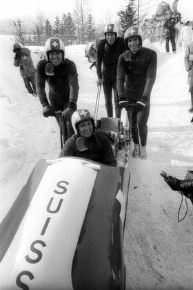 Olympische Spiele 1972 in Sapporo, Viererbob Schweiz I mit Jean Wicki, Hans Leutenegger, Werner Camichel, Edy Hubacher