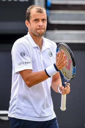 Luxembourg s Gilles Muller celebrates after winning a tennis game between Luxemburger Gilles Muller and Croatian Ivo Karlovic in the semi finals of the Men s singles at the Ricoh Open ATP Tennis Herren tennis tournament in Rosmalen, the Netherlands, Saturday 11 June 2016. LUCxCLAESSEN  x04869556x
