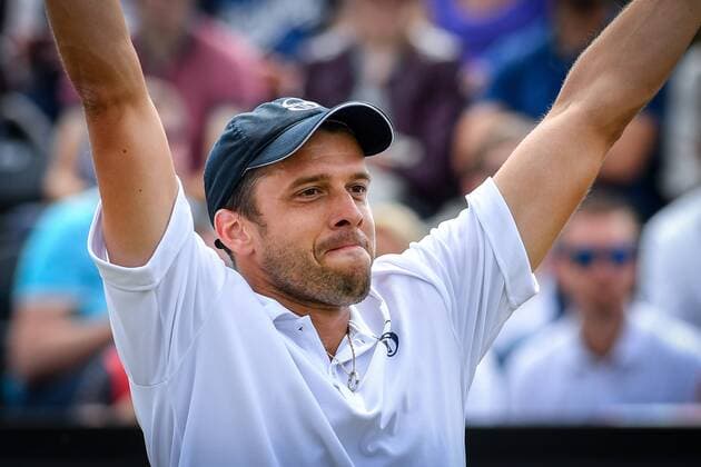 Luxembourg s Gilles Muller celebrates after winning a tennis game between Luxemburger Gilles Muller and Croatian Ivo Karlovic in the semi finals of the Men s singles at the Ricoh Open ATP Tennis Herren tennis tournament in Rosmalen, the Netherlands, Saturday 11 June 2016. LUCxCLAESSEN  x04869558x