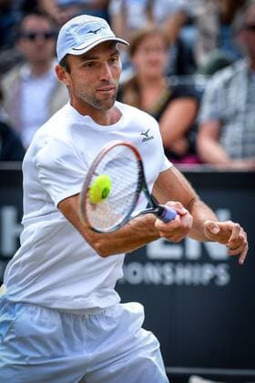 Croatian Ivo Karlovic pictured in action during a tennis game between Luxemburger Gilles Muller and Croatian Ivo Karlovic in the semi finals of the Men s singles at the Ricoh Open ATP Tennis Herren tennis tournament in Rosmalen, the Netherlands, Saturday 11 June 2016. LUCxCLAESSEN  x04869570x