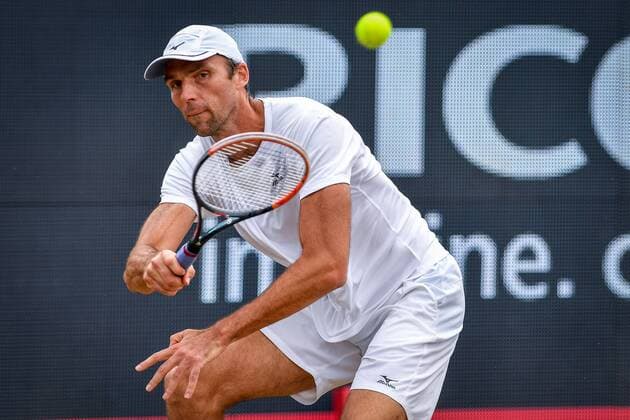 Croatian Ivo Karlovic pictured in action during a tennis game between Luxemburger Gilles Muller and Croatian Ivo Karlovic in the semi finals of the Men s singles at the Ricoh Open ATP Tennis Herren tennis tournament in Rosmalen, the Netherlands, Saturday 11 June 2016. LUCxCLAESSEN  x04869565x