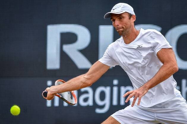 Croatian Ivo Karlovic pictured in action during a tennis game between Luxemburger Gilles Muller and Croatian Ivo Karlovic in the semi finals of the Men s singles at the Ricoh Open ATP Tennis Herren tennis tournament in Rosmalen, the Netherlands, Saturday 11 June 2016. LUCxCLAESSEN  x04869566x