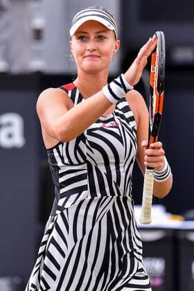 French Kristina Mladenovic celebrates after winning a tennis game between Swiss Belinda Bencic and French Kristina Mladenovic in the semi-finals of the women s singles at the Ricoh Open WTA Tennis Damen tennis tournament in Rosmalen, the Netherlands, Saturday 11 June 2016. LUCxCLAESSEN  x04869593x