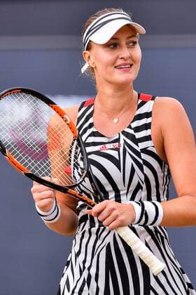 French Kristina Mladenovic celebrates after winning a tennis game between Swiss Belinda Bencic and French Kristina Mladenovic in the semi-finals of the women s singles at the Ricoh Open WTA Tennis Damen tennis tournament in Rosmalen, the Netherlands, Saturday 11 June 2016. LUCxCLAESSEN  x04869595x