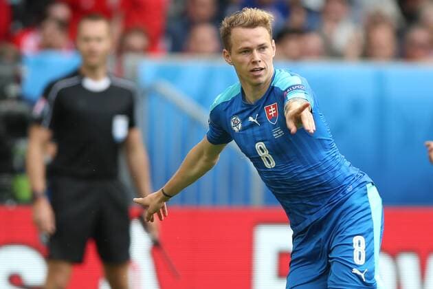 Slovakian Ondrej Duda celebrates after scoring during a soccer game between Wales and Slovakia, in group B of the group stage of the UEFA EURO EM Europameisterschaft Fussball 2016 European Championships Nationalteam Länderspiel , Saturday 11 June 2016 in Bordeaux, France. BRUNOxFAHY  x04869680x