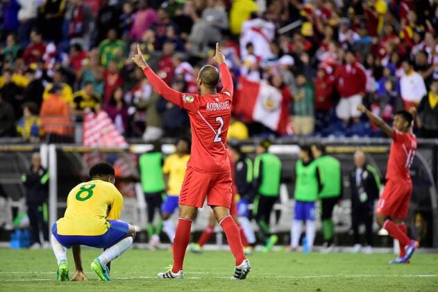 Sunday, June 12, 2016: Peru defender Alberto Rodriguez (2) celebrates at the end of the Copa America Centenario 2016 match between Brazil and Peru held at Gillette Stadium in Foxborough Massachusetts. Peru defeats Brazil 1-0. Soccer 2016: Copa America Centenario Brazil vs Peru JUN 12 - ZUMAc04_