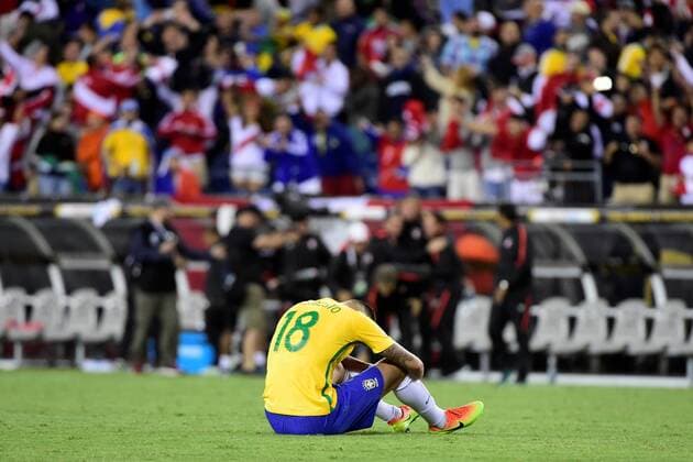 Sunday, June 12, 2016: Brazil midfielder Renato Augusto (18) sits on the pitch at the end of the Copa America Centenario 2016 match between Brazil and Peru held at Gillette Stadium in Foxborough Massachusetts. Peru defeats Brazil 1-0. Soccer 2016: Copa America Centenario Brazil vs Peru JUN 12 - ZUMAc04_